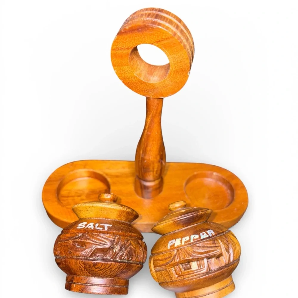Vintage handcrafted Wooden Brown Salt & Pepper Shakers with Holder